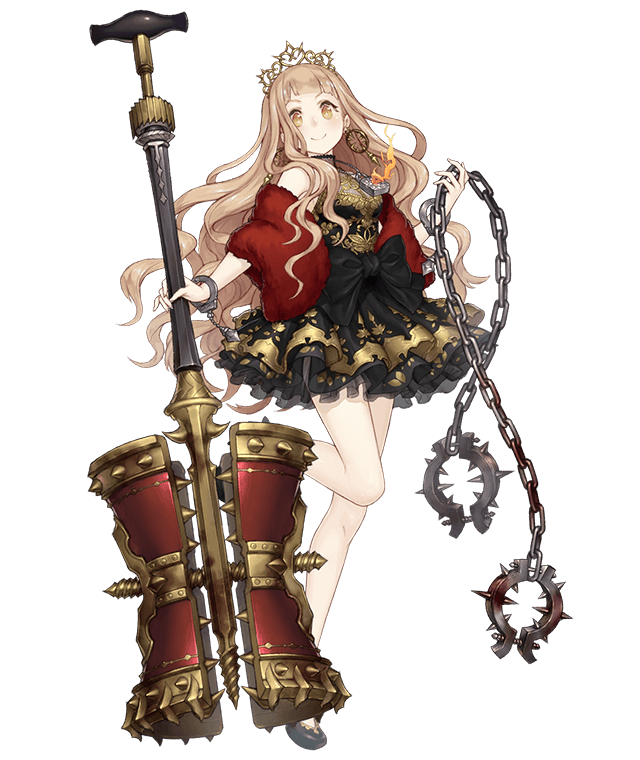 1girl blonde_hair chain club cuffs earrings frilled_skirt frills full_body fur gold_trim handcuffs holding_club jewelry ji_no little_red_riding_hood_(sinoalice) lock long_hair looking_at_viewer necklace official_art orange_hair padlock ribbon shackles sinoalice skirt smile solo spikes standing standing_on_one_leg tiara torture_instruments transparent_background weapon