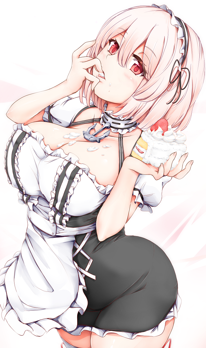 1girl anchor_choker anchor_symbol apron arched_back azur_lane black_dress breasts collarbone dress eyebrows_visible_through_hair eyelashes finger_to_mouth food food_on_breasts frilled_apron frilled_hairband frilled_sleeves frills fruit green-exe hairband hands_up highres holding_cake large_breasts legs_together looking_at_viewer puffy_short_sleeves puffy_sleeves red_eyes short_hair short_sleeves sirius_(azur_lane) solo strawberry strawberry_shortcake thick_thighs thigh-highs thighs tongue tongue_out two-tone_dress waist_apron white_apron white_dress white_frills white_hair white_legwear