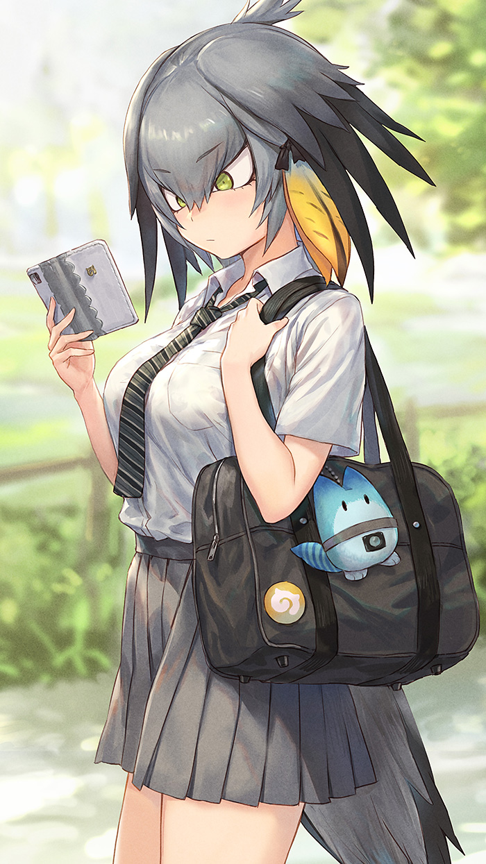 1girl alternate_costume bag bangs bird_tail black_hair black_neckwear blonde_hair book breast_pocket breasts character_doll collared_shirt commentary cowboy_shot day eyebrows_visible_through_hair green_eyes grey_hair grey_skirt guchico hair_between_eyes highres holding holding_book japari_symbol kemono_friends large_breasts lucky_beast_(kemono_friends) multicolored_hair necktie outdoors pleated_skirt pocket reading school_bag school_uniform shirt shirt_tucked_in shoebill_(kemono_friends) short_sleeves skirt solo standing striped striped_neckwear white_shirt