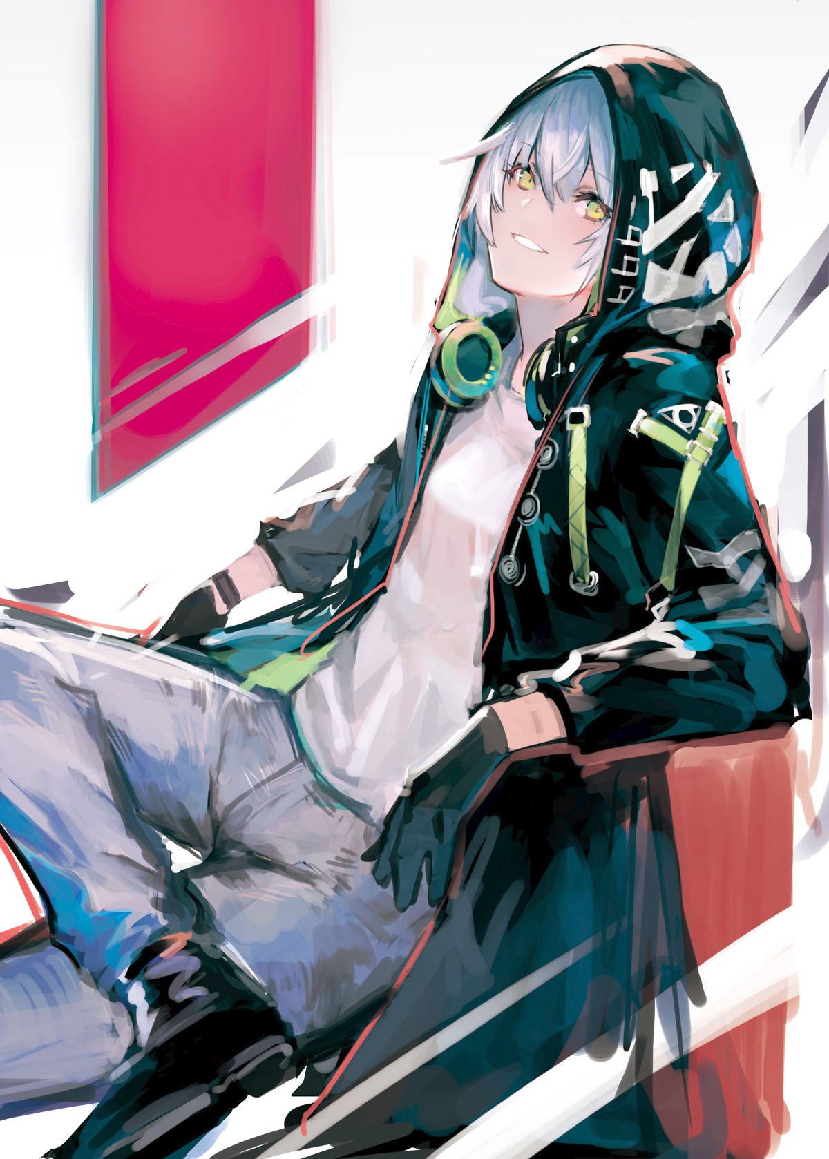 1girl aek-999_(girls_frontline) androgynous ankle_boots bangs black_footwear black_gloves black_jacket blush boots eyebrows_visible_through_hair girls_frontline gloves grey_pants grin headphones headphones_around_neck highres hood hood_up hooded_jacket hoodie irikawa jacket long_sleeves looking_at_viewer open_clothes open_jacket open_mouth pants shirt silver_hair smile solo standing standing_on_one_leg teeth white_shirt yellow_eyes