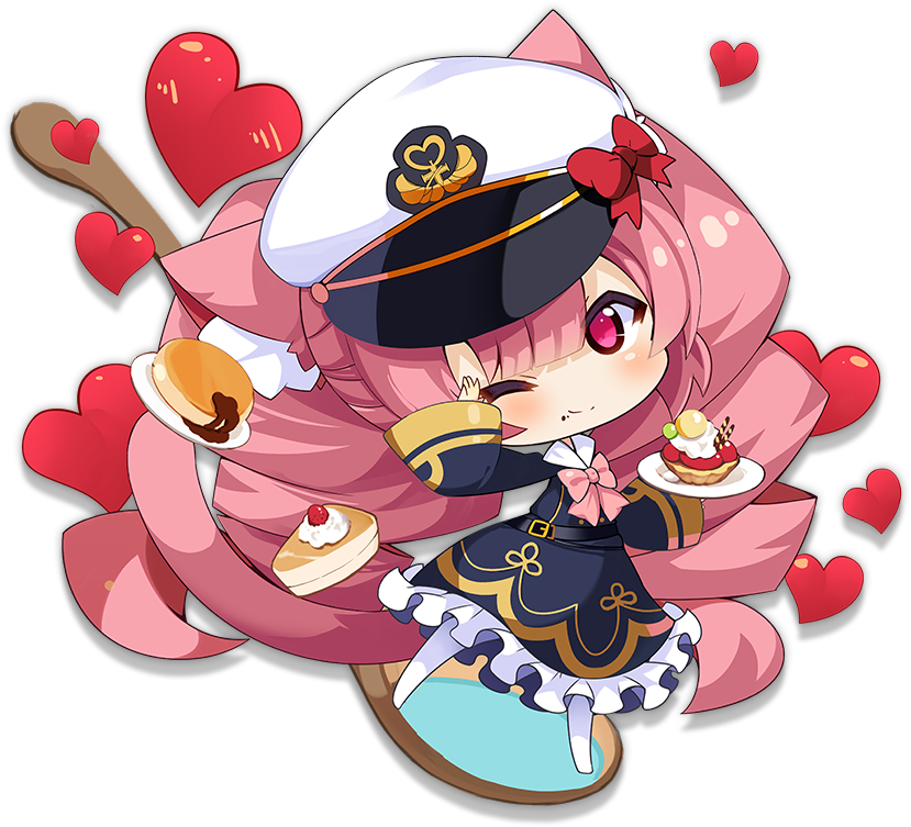 1girl animal_ears artist_request azur_lane blush bow cat_ears cat_tail character_request chibi closed_mouth crumbs eyebrows_visible_through_hair food full_body hat hat_bow heart holding holding_plate long_sleeves looking_at_viewer official_art one_eye_closed pantyhose pink_bow pink_eyes pink_hair plate red_bow smile solo tail transparent_background white_headwear white_legwear