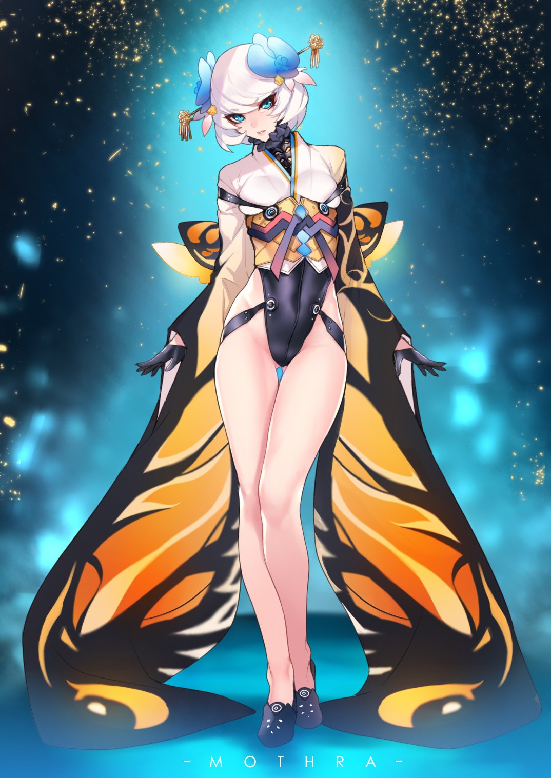 1girl ass_visible_through_thighs ban black_gloves black_leotard blue_eyes breasts covered_navel full_body gloves godzilla_(series) hair_ornament hair_stick highres humanization japanese_clothes kimono leotard long_sleeves looking_at_viewer medium_breasts mothra sash shiny shiny_hair shiny_skin short_hair short_kimono short_yukata solo standing white_hair wide_sleeves wings yukata