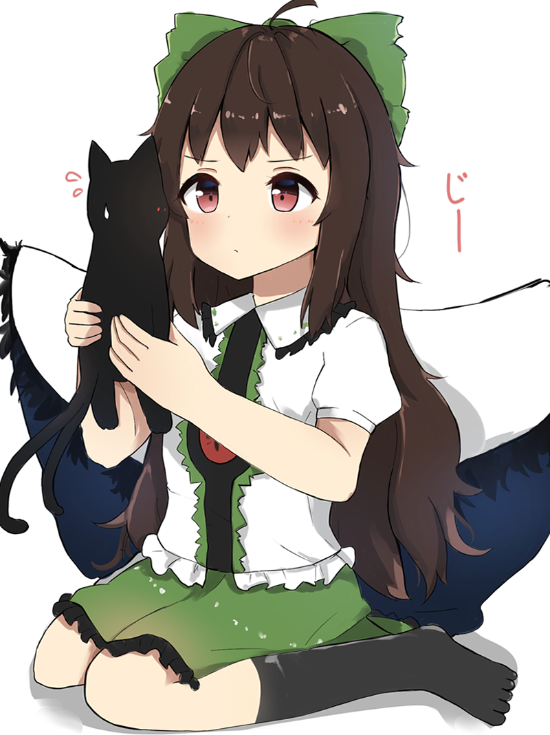 1girl ahoge antidote bird_wings black_legwear blouse blush bow brown_hair cape cat expressionless flying_sweatdrops frilled_skirt frills green_skirt hair_bow holding holding_cat kaenbyou_rin kaenbyou_rin_(cat) kneehighs long_hair looking_at_animal multiple_tails red_eyes reiuji_utsuho shadow simple_background sitting skirt staring sweatdrop tail third_eye toe_socks touhou very_long_hair wariza white_background white_blouse white_cape wings