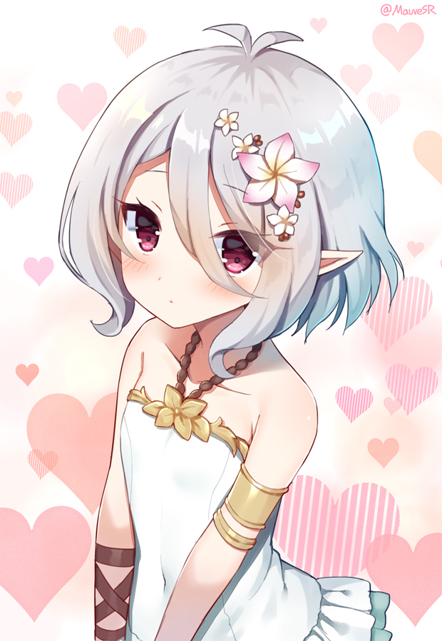 1girl antenna_hair bangs bare_shoulders blush closed_mouth collarbone covered_navel eyebrows_visible_through_hair flower hair_between_eyes hair_flower hair_ornament halterneck heart heart_background kokkoro_(princess_connect!) mauve pink_flower pointy_ears princess_connect! princess_connect!_re:dive red_eyes sidelocks silver_hair solo swimsuit tsurime twitter_username v_arms white_flower white_swimsuit