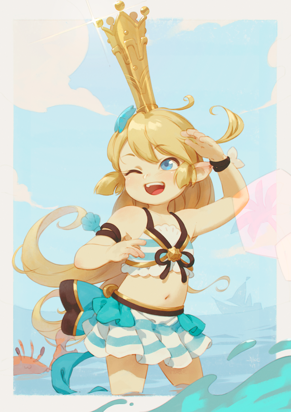 1girl :3 alkemanubis armlet armpits back_bow beach bikini bikini_skirt blonde_hair blue_eyes blue_sky boat bow charlotta_fenia crab crown draph eyebrows_visible_through_hair flat_chest frilled_bikini frills granblue_fantasy highres light_blush long_hair mini_crown navel open_mouth partially_submerged pointy_ears sky solo stomach striped striped_bikini swimsuit very_long_hair watercraft