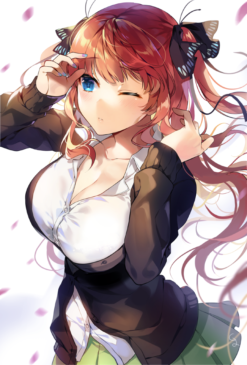 1girl bangs black_ribbon blue_eyes blue_nails blunt_bangs blush breasts closed_mouth collarbone collared_shirt commentary_request cowboy_shot eyebrows_visible_through_hair floating_hair gijang go-toubun_no_hanayome hair_ornament hair_ribbon hand_up large_breasts long_hair long_sleeves looking_afar multicolored multicolored_nails nakano_nino one_eye_closed parted_lips pink_nails redhead ribbon shirt sidelocks skirt solo white_shirt wind