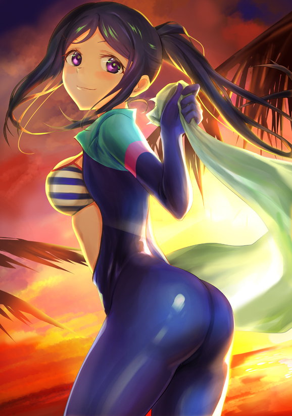 1girl beach blue_hair blush cowboy_shot evening floating_hair from_side long_hair looking_at_viewer love_live! love_live!_sunshine!! matsuura_kanan open_wetsuit outdoors shiny shiny_clothes shiny_hair smile solo standing striped_bikini_top tamamushi very_long_hair violet_eyes wetsuit