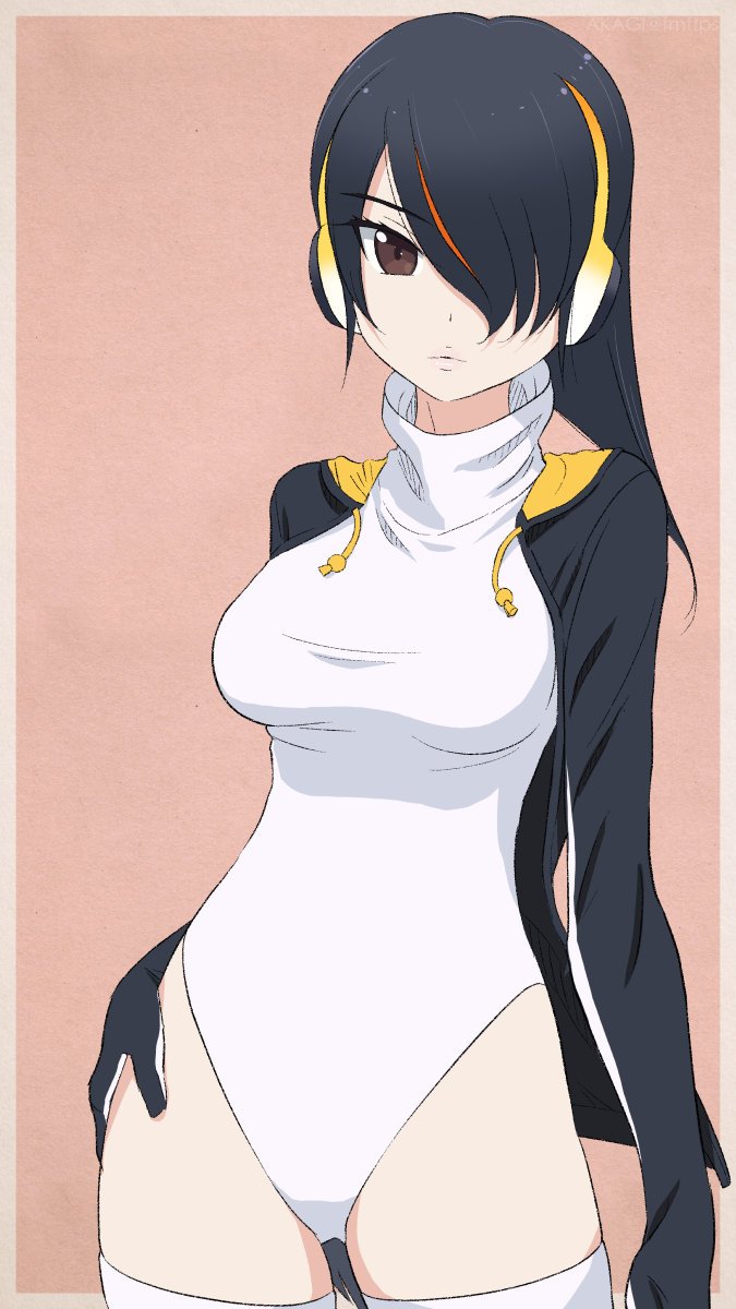 1girl akagi_(fmttps) artist_name black_hair black_jacket breasts commentary drawstring emperor_penguin_(kemono_friends) hair_over_one_eye hand_on_hip headphones highres hood hoodie jacket kemono_friends leaning_to_the_side leotard lips long_hair long_sleeves looking_at_viewer medium_breasts multicolored_hair pink_background solo standing streaked_hair thigh-highs turtleneck twitter_username white_legwear white_leotard