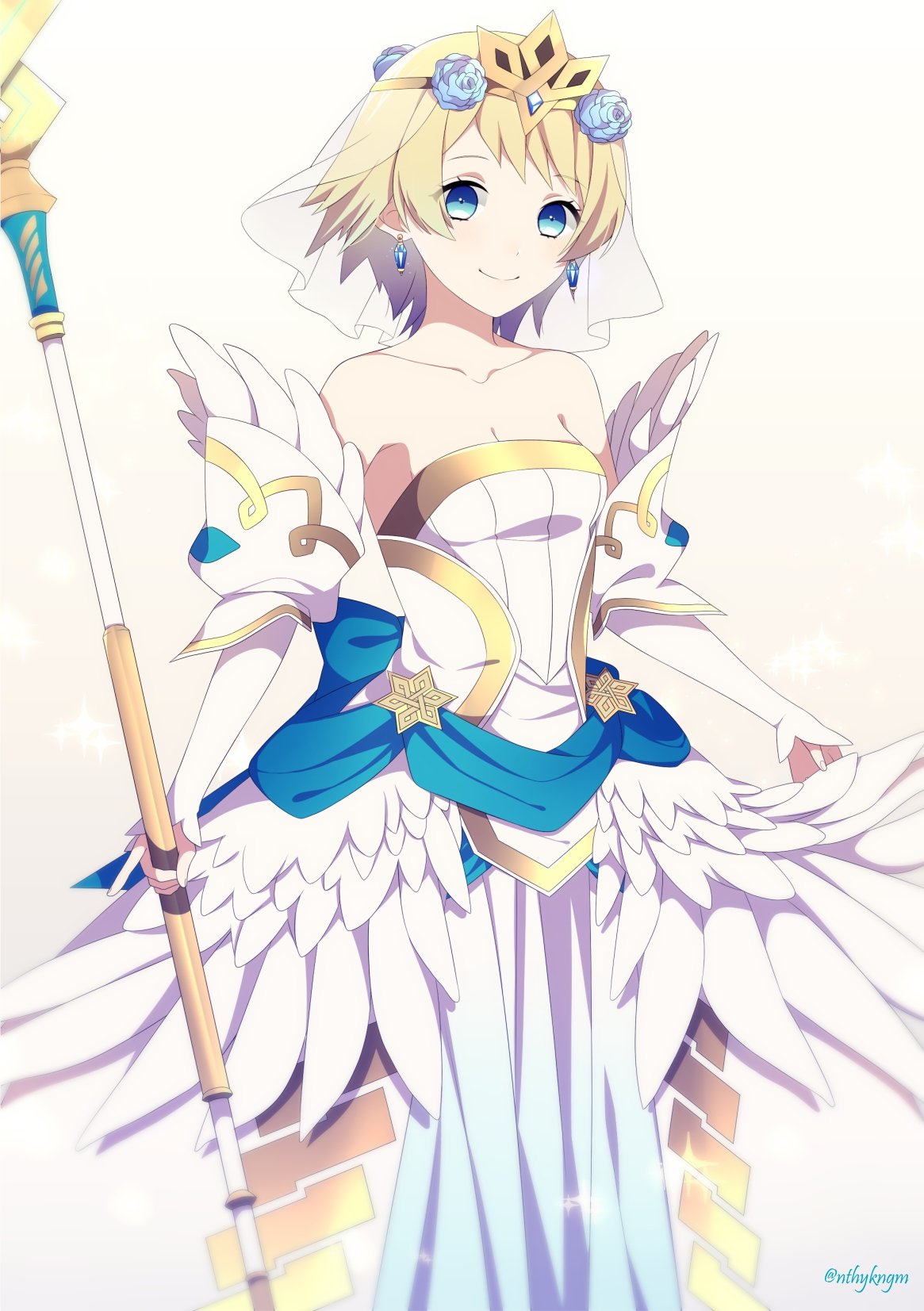 1girl blonde_hair blue_eyes bride crml_orng crown dress earrings feather_trim fire_emblem fire_emblem_heroes fjorm_(fire_emblem_heroes) flower hair_flower hair_ornament highres holding holding_staff jewelry short_hair simple_background solo staff strapless strapless_dress twitter_username veil wedding_dress white_background white_dress