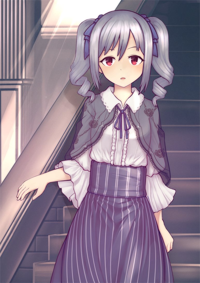 1girl black_skirt blue_bow blush bow breasts collared_shirt drill_hair eyebrows grey_hair hair_bow idolmaster idolmaster_cinderella_girls indoors jacy kanzaki_ranko long_sleeves looking_at_viewer medium_breasts parted_lips railing red_eyes shirt short_hair skirt solo stairs standing twin_drills white_shirt