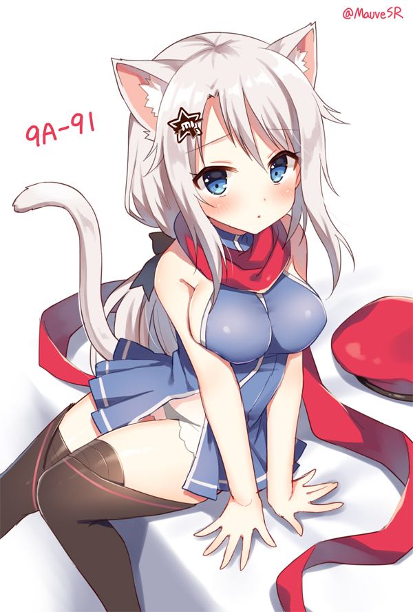 1girl 9a-91_(girls_frontline) :o animal_ear_fluff animal_ears arm_support bangs bare_arms bare_shoulders beret black_panties blue_dress blue_eyes blush breasts brown_legwear cat_ears cat_girl cat_tail character_name dress eyebrows_visible_through_hair girls_frontline hair_between_eyes hair_ornament hat hat_removed headwear_removed kemonomimi_mode long_hair looking_at_viewer mauve medium_breasts panties parted_lips red_headwear red_scarf scarf see-through sideboob sidelocks silver_hair sitting sleeveless sleeveless_dress solo star star_hair_ornament tail tail_raised thigh-highs twitter_username underwear very_long_hair white_background