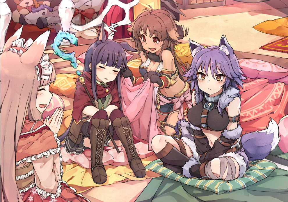 4girls ahokoo aki_makoto animal_ears boots brown_hair character_request closed_eyes commentary frills fur_trim hands_together himemiya_maho indian_style kirihara_kasumi knee_boots multiple_girls paws princess_connect! princess_connect!_re:dive purple_hair sitting staff tail thigh-highs yellow_eyes