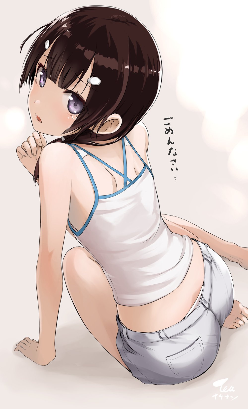 1girl arm_support artist_name ass bare_arms bare_legs bare_shoulders barefoot brown_hair camisole commentary_request grey_eyes grey_shorts hair_ornament hair_over_shoulder hairclip hand_up head_tilt highres long_hair looking_at_viewer looking_back midriff open_mouth original panties panty_peek shadow shirt short_shorts shorts shoulder_blades sidelocks sitting sleeveless sleeveless_shirt solo tea_(nakenashi) tearing_up tears thighs translated underwear white_panties white_shirt