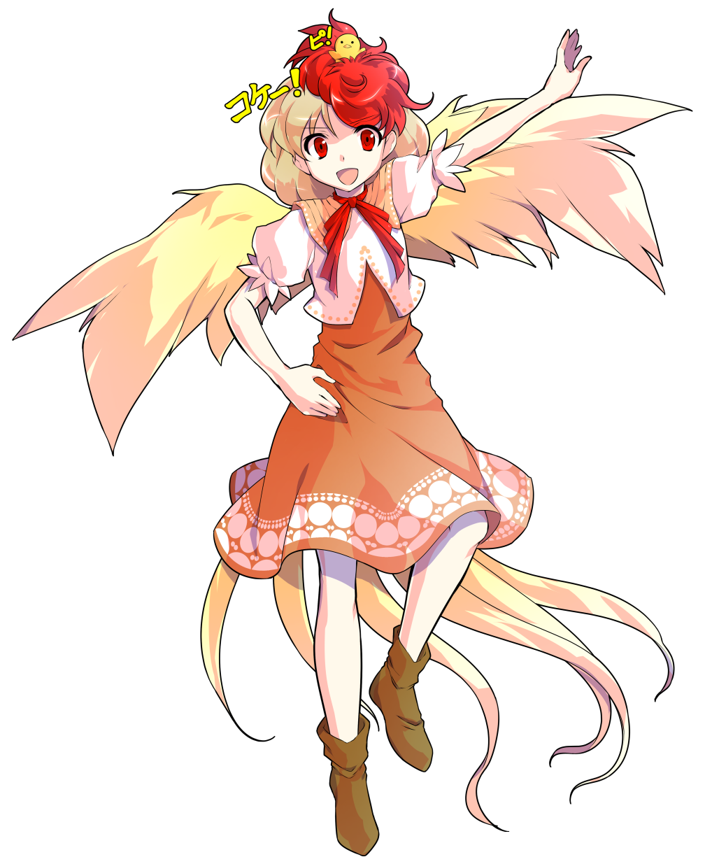 1girl :d alphes_(style) bird blonde_hair boots brown_footwear dairi full_body hand_on_hip highres multicolored_hair niwatari_kutaka open_mouth outstretched_arm parody puffy_short_sleeves puffy_sleeves red_eyes redhead short_hair short_sleeves simple_background smile solo standing style_parody tachi-e tail touhou two-tone_hair white_background wings