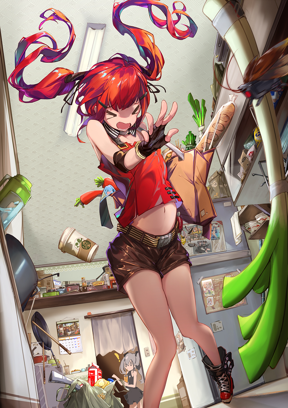 2girls bag baguette bread bug carrot cockroach coffee_cup commentary_request cup cz-75_(girls_frontline) destroyer_(girls_frontline) disposable_cup food girls_frontline groceries grocery_bag highres insect kitchen multiple_girls navel redhead renze_l scared shopping_bag shorts spring_onion starbucks surprised tank_top throwing twintails vegetable