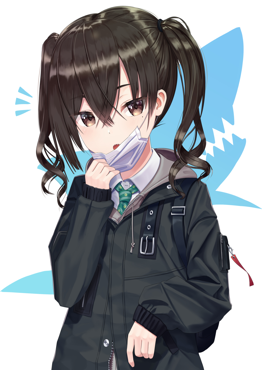 1girl :o bangs black_jacket brown_eyes brown_hair collared_shirt commentary_request diagonal-striped_neckwear diagonal_stripes dress_shirt eyebrows_visible_through_hair green_neckwear hair_between_eyes hand_up highres idolmaster idolmaster_cinderella_girls jacket long_hair long_sleeves mask_pull mole mole_under_eye open_mouth pulled_by_self sanbe_futoshi shark sharp_teeth shirt simple_background sleeves_past_wrists solo striped striped_neckwear sunazuka_akira surgical_mask teeth twintails upper_body white_background white_shirt