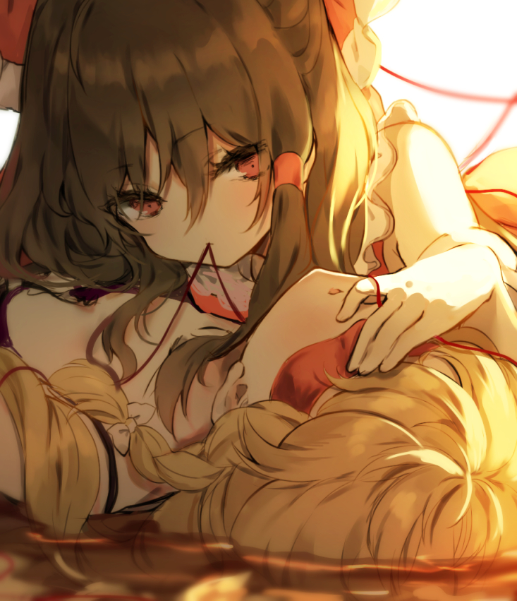 2girls bangs blindfold blonde_hair bow braid brown_hair camisole collarbone commentary_request eyebrows_visible_through_hair frilled_bow frills hair_between_eyes hair_bow hair_tubes hakurei_reimu kirisame_marisa long_hair looking_at_viewer lying mouth_hold multiple_girls no_hat no_headwear on_back parted_lips partially_submerged piyokichi red_bow red_eyes red_string sidelocks single_braid spaghetti_strap string touhou upper_body water white_background white_bow yuri