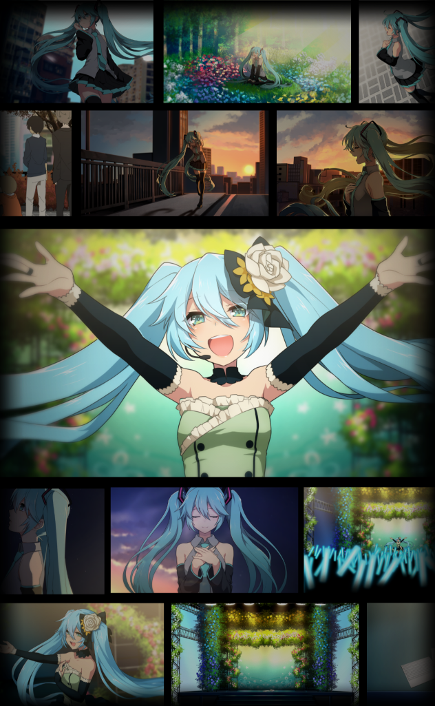 aqua_eyes aqua_hair audience bare_shoulders cityscape clouds cloudy_sky collage commentary detached_sleeves dress field flower flower_field frame frilled_dress frills hair_ornament hatsune_miku long_hair looking_at_viewer matsuda_toki music necktie night night_sky outdoors outstretched_arms penlight shirt singing sky sleeveless sleeveless_shirt stage star sunlight thigh-highs twilight twintails very_long_hair vignetting vocaloid