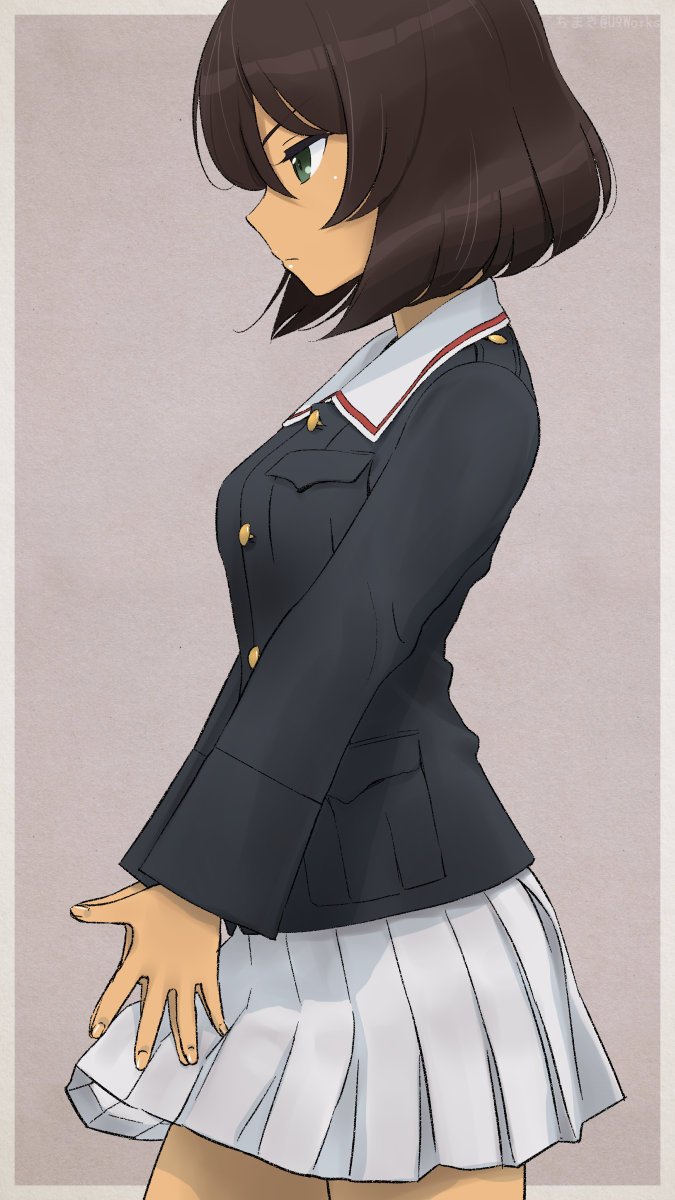 1girl akagi_(fmttps) artist_name bangs blue_jacket brown_hair closed_mouth commentary cowboy_shot dark_skin from_side girls_und_panzer green_eyes half-closed_eyes hand_to_own_mouth highres hoshino_(girls_und_panzer) jacket light_frown long_sleeves military military_uniform miniskirt ooarai_military_uniform pleated_skirt short_hair skirt solo standing twitter_username uniform white_skirt