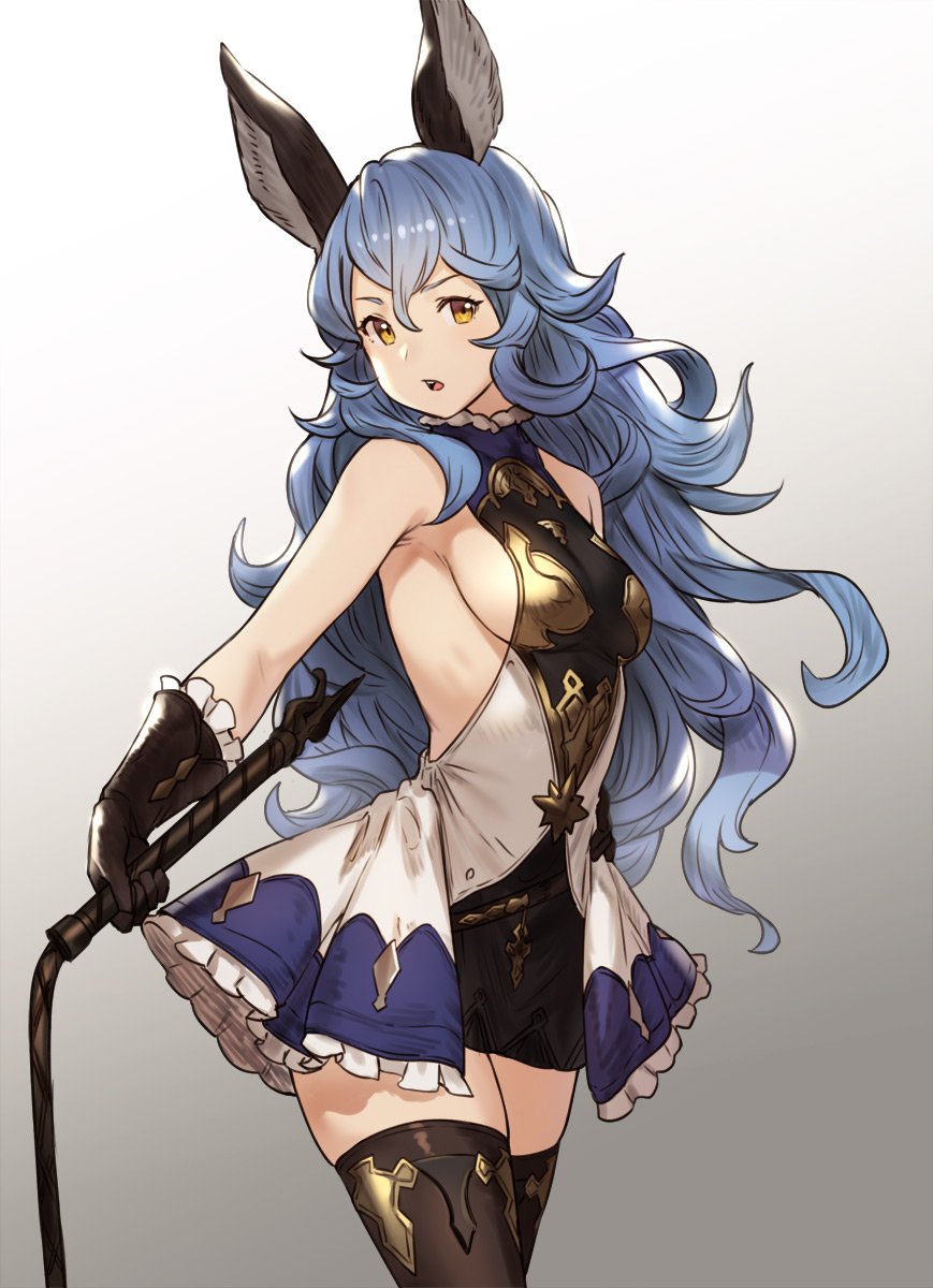 1girl animal_ears armpit_crease armpit_peek bangs bare_shoulders big_hair blue_hair breasts brown_gloves brown_legwear commentary_request cowboy_shot dress erune ferry_(granblue_fantasy) frilled_gloves frills fur_trim gloves gradient gradient_background granblue_fantasy grey_background hair_between_eyes hand_on_hip head_tilt highres holding holding_whip houtengeki leather leather_gloves long_hair looking_at_viewer medium_breasts open_mouth rabbit_ears sideboob skindentation solo standing thigh-highs thighs turtleneck upper_teeth very_long_hair wavy_hair whip white_background white_frills yellow_eyes zettai_ryouiki