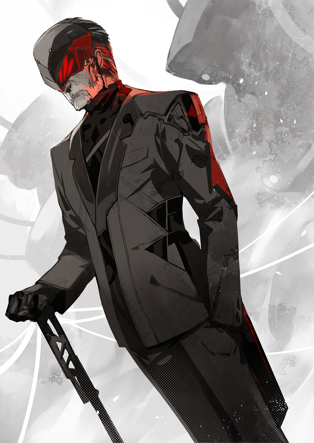 1boy armored_core armored_core_6 beard black_suit cane cyborg facial_hair hand_in_pocket handler_walter highres indoors lack long_sleeves mask mecha robot science_fiction short_hair simple_background solo standing suit turtleneck white_facial_hair