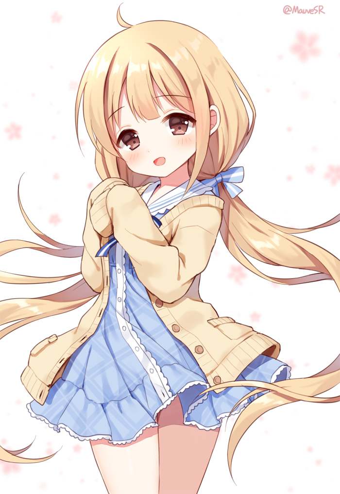 1girl :d ahoge bangs blonde_hair blue_bow blue_dress blush bow brown_eyes brown_jacket dress eyebrows_visible_through_hair futaba_anzu hair_bow hands_up head_tilt idolmaster idolmaster_cinderella_girls idolmaster_cinderella_girls_starlight_stage jacket long_hair long_sleeves looking_at_viewer low_twintails mauve open_clothes open_jacket open_mouth plaid plaid_dress sleeves_past_fingers sleeves_past_wrists smile solo striped striped_bow twintails twitter_username very_long_hair white_background