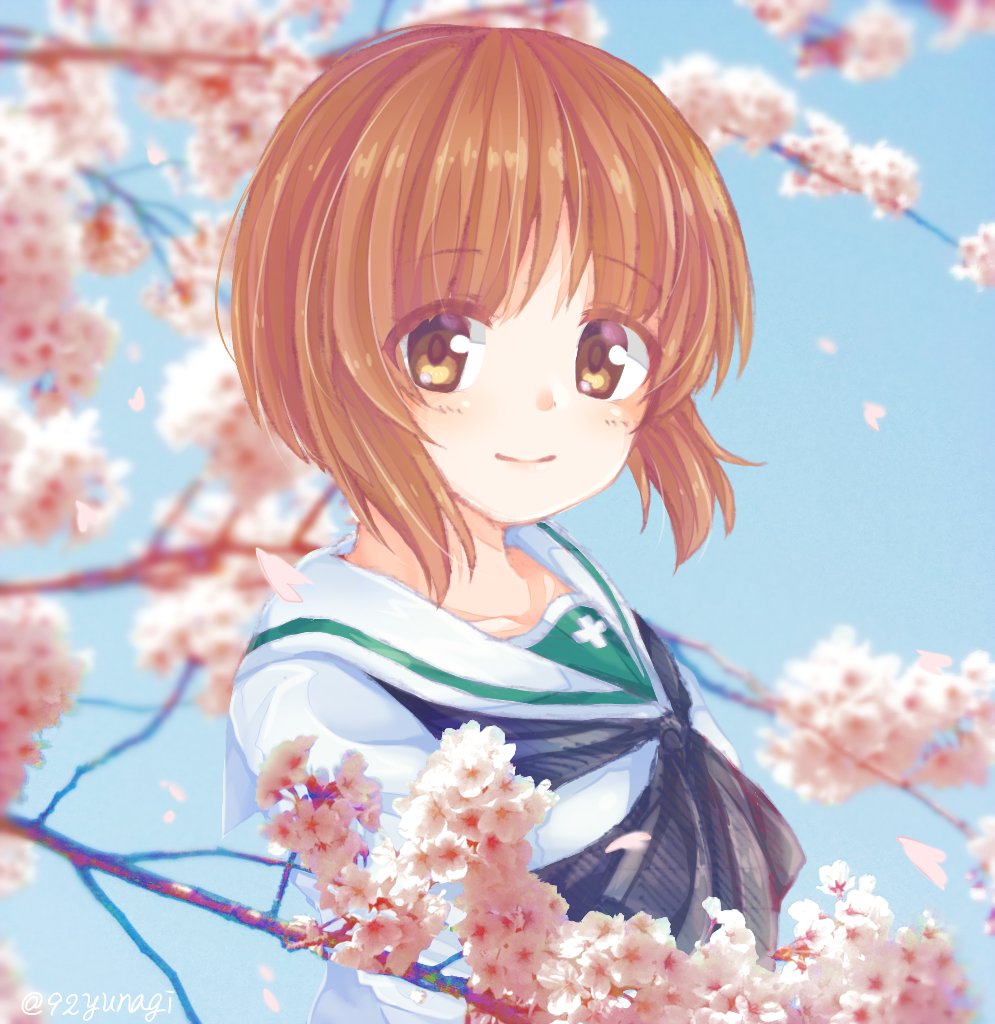 1girl bangs black_neckwear blouse blue_sky blurry blurry_background branch brown_eyes brown_hair cherry_blossoms closed_mouth commentary day depth_of_field eyebrows_visible_through_hair girls_und_panzer light_blush looking_at_viewer neckerchief nishizumi_miho ooarai_school_uniform outdoors portrait school_uniform serafuku short_hair sky smile solo twitter_username white_blouse yunagi_(arukumaruta)