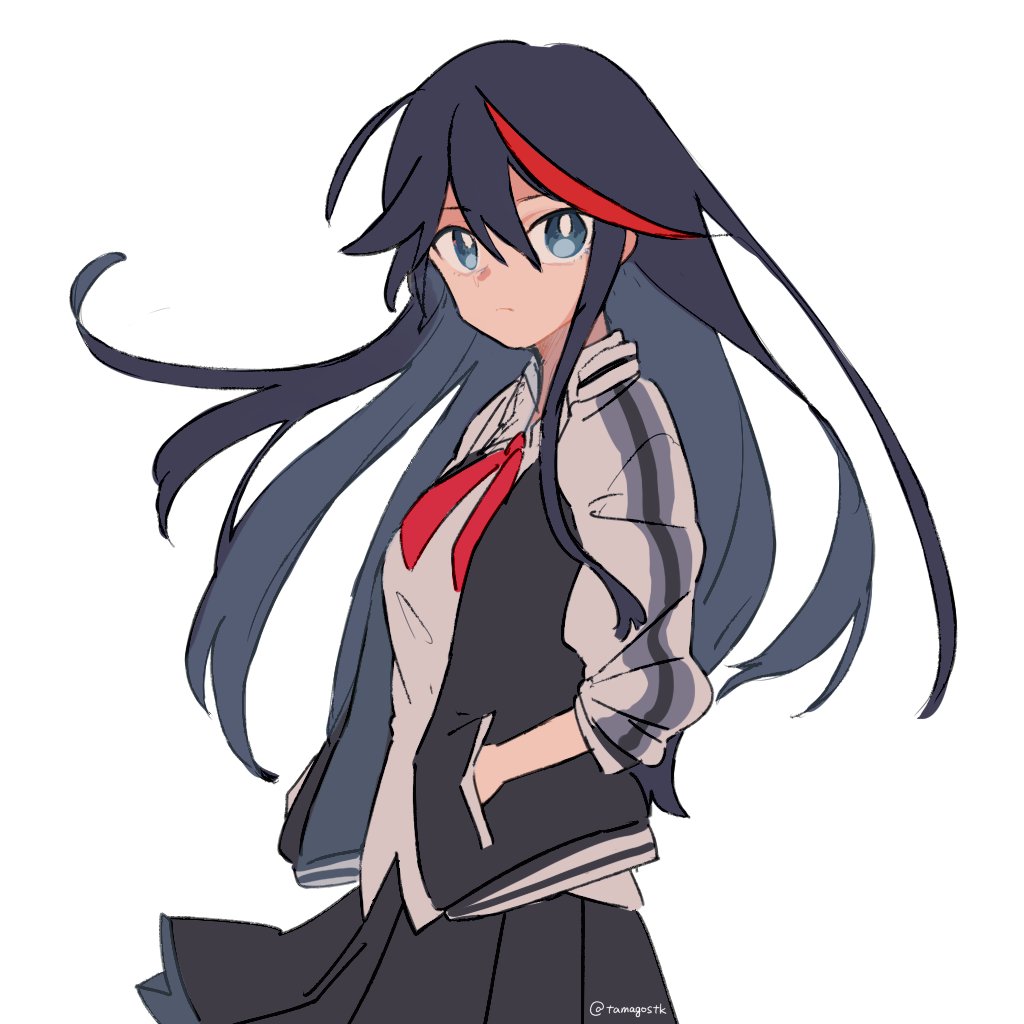 1girl alternate_hair_length alternate_hairstyle bangs black_hair black_jacket black_skirt blouse blue_eyes closed_mouth collared_blouse commentary_request cowboy_shot frown hands_in_pockets highlights jacket kill_la_kill letterman_jacket long_hair looking_at_viewer matoi_ryuuko miniskirt mittsun multicolored_hair neck_ribbon open_clothes open_jacket pleated_skirt red_neckwear redhead ribbon simple_background skirt solo standing streaked_hair twitter_username two-tone_hair white_background white_blouse wind