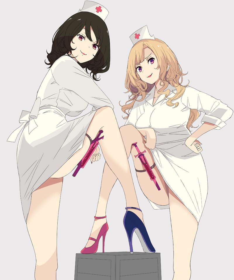 2girls bare_legs black_hair blonde_hair blue_footwear breasts hat high_heels large_breasts lipstick long_hair looking_at_viewer looking_down makeup mikoto_akemi multiple_girls nurse nurse_cap original red_footwear simple_background syringe thigh_strap violet_eyes