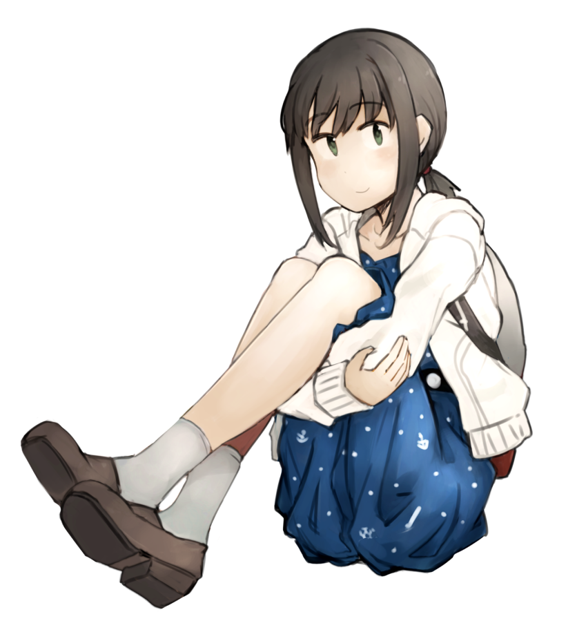 1girl alternate_costume backpack bag black_eyes black_footwear black_hair blue_dress dress fubuki_(kantai_collection) grey_legwear hood hooded_jacket hoodie jacket kantai_collection loafers looking_at_viewer low_ponytail no_nose polka_dot polka_dot_dress ponytail sakura_(medilore) shoes short_ponytail sidelocks simple_background sitting smile socks solo white_background white_jacket