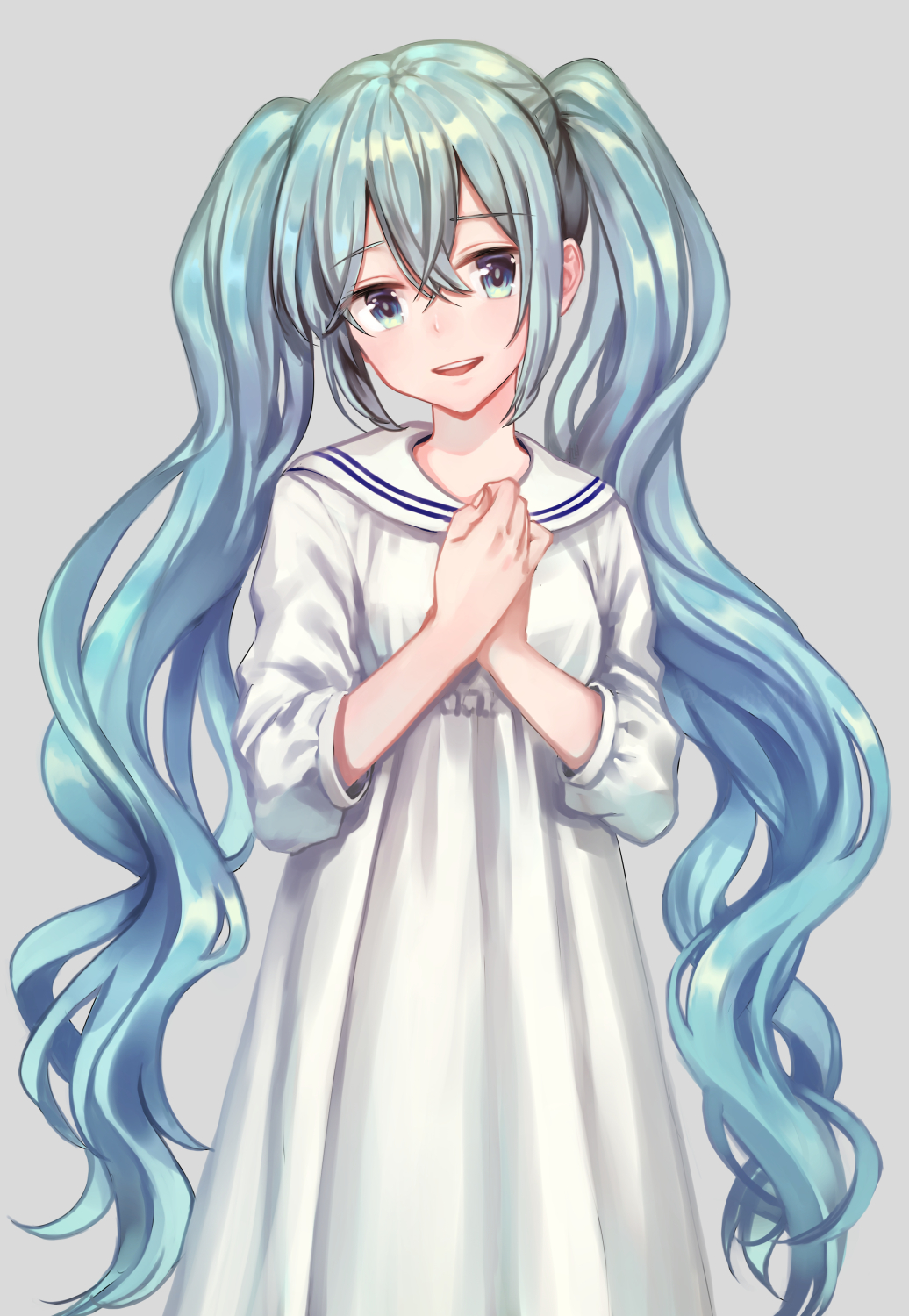 1girl aqua_eyes aqua_hair asahi_yuuji commentary dress grey_background hands_on_own_chest hands_together hatsune_miku highres long_hair looking_at_viewer sailor_collar sailor_dress simple_background smile twintails upper_body very_long_hair vocaloid white_dress