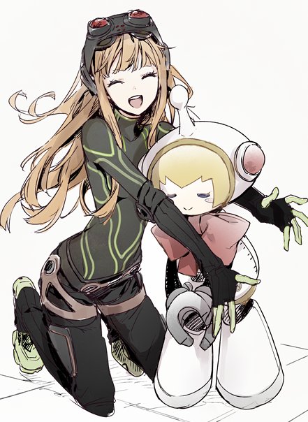 2girls ^_^ android atlus bow closed_eyes cute gamelife506 goggles goggles_on_head human kneeling long_hair megami_tensei orange_hair persona persona_5 persona_q2:_new_cinema_labyrinth persona_q_(series) red_bow ribbon_(persona_q) robot sakura_futaba shoes smile sneakers tile_floor tiles