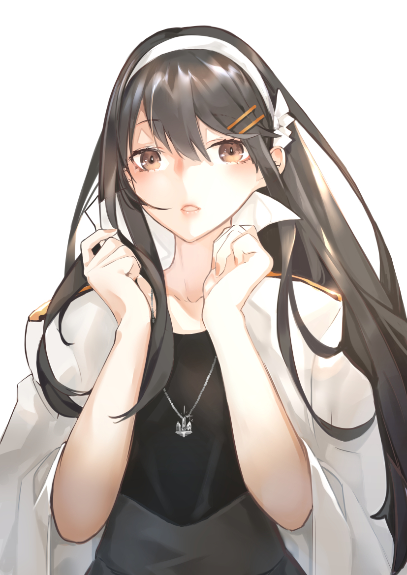 1girl anchor_necklace bangs black_hair blush breasts brown_eyes collarbone collared_jacket eyebrows_visible_through_hair fingernails hair_ornament hairband hairclip haruna_(kantai_collection) jacket jacket_on_shoulders jewelry kantai_collection lips long_hair necklace nello_(luminous_darkness) open_mouth popped_collar shiny shiny_hair simple_background solo white_background white_hairband white_jacket