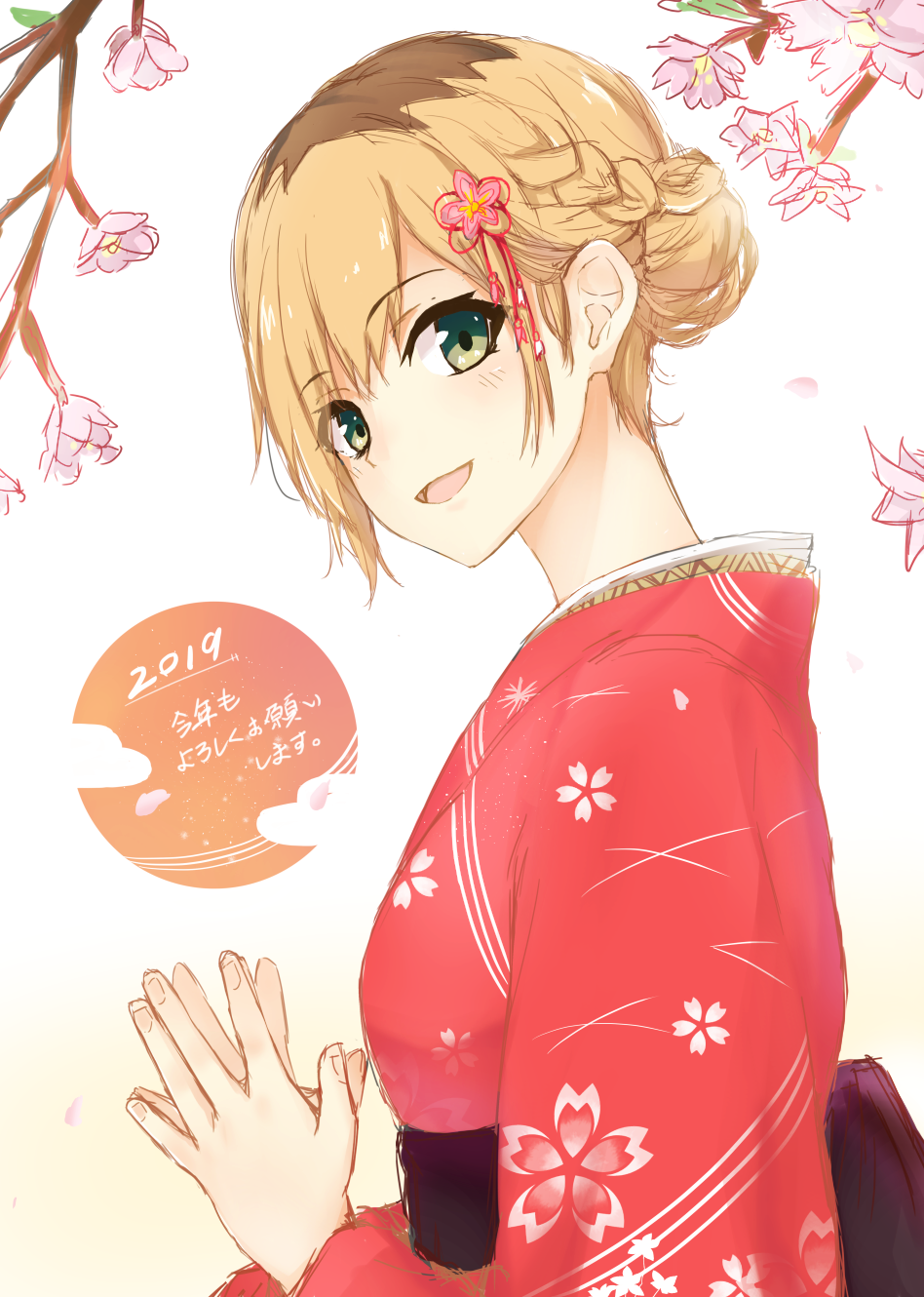 1girl 2019 :d blonde_hair eyebrows_visible_through_hair flower green_eyes hair_ornament highres japanese_clothes kimono long_sleeves looking_at_viewer miyamori_aoi open_mouth pink_flower print_kimono red_kimono shiny shiny_hair shirobako short_hair sketch smile solo tahita1874 tied_hair upper_body white_background yukata