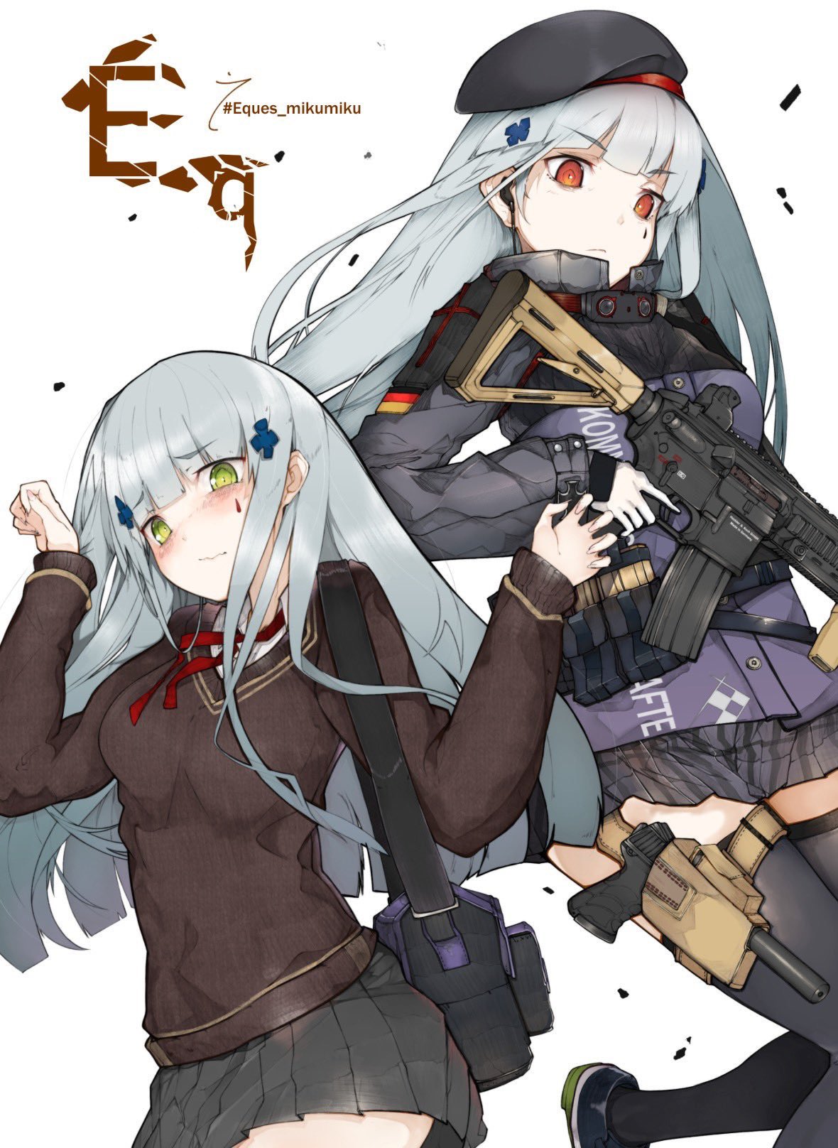 2girls alternate_eye_color assault_rifle bag beret blue_hair blush commentary_request dual_persona ekuesu german_flag girls_frontline green_eyes gun h&amp;k_hk416 handgun hat highres hk416_(girls_frontline) holstered_weapon multiple_girls red_eyes rifle school_uniform skirt suppressor sweater tactical_clothes thigh-highs trigger_discipline twitter_username weapon