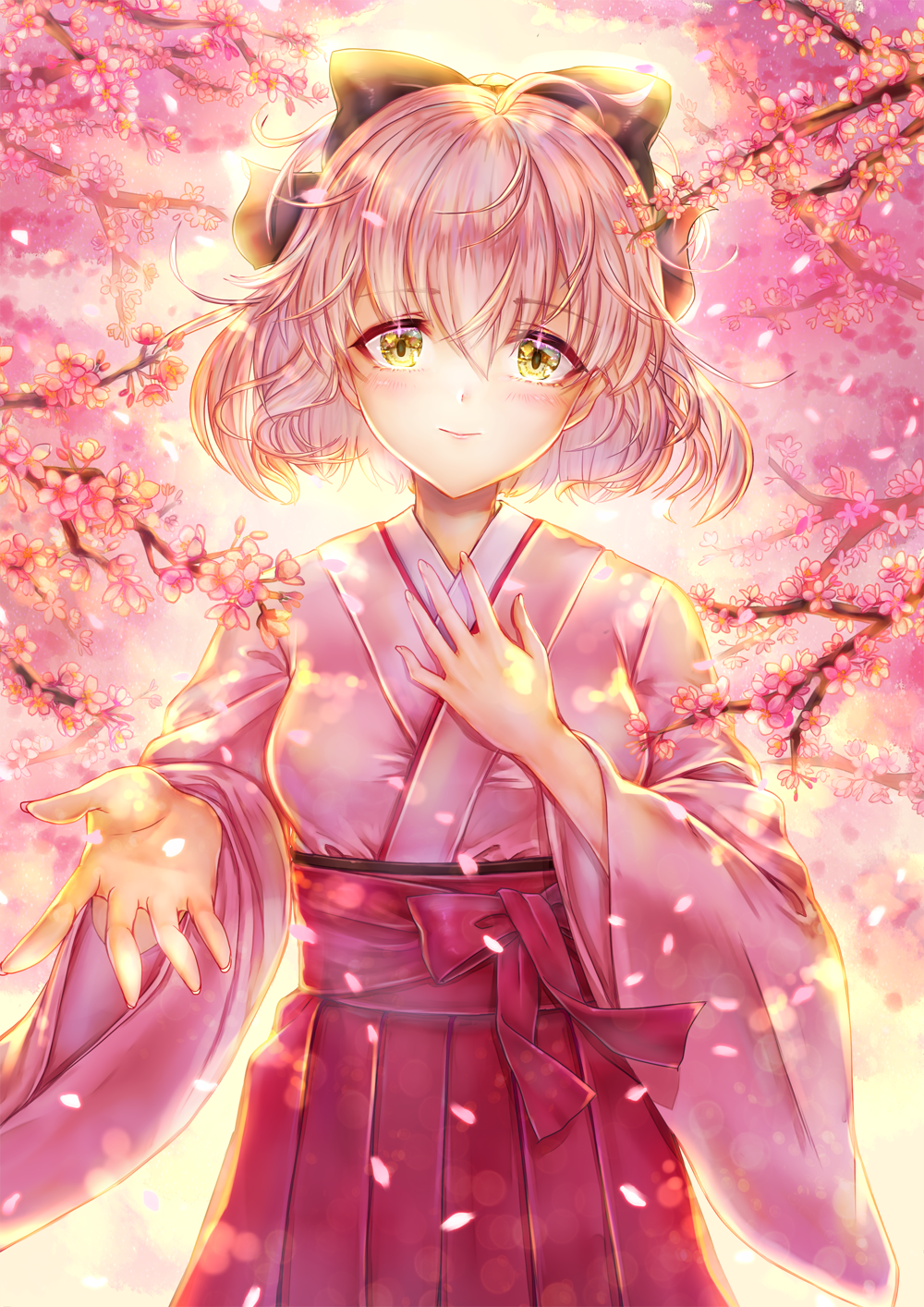 1girl black_bow blonde_hair blush bow cherry_blossoms closed_mouth day eyebrows_visible_through_hair fate_(series) hair_between_eyes hair_bow hakama highres japanese_clothes kimono koha-ace long_sleeves looking_at_viewer okita_souji_(fate) okita_souji_(fate)_(all) outdoors pink_kimono reaching red_hakama short_hair solo standing tamaso wide_sleeves yellow_eyes