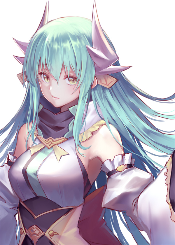 1girl aqua_hair closed_mouth detached_sleeves eyebrows_visible_through_hair fate/grand_order fate_(series) floating_hair hair_between_eyes horns kiyohime_(fate/grand_order) long_hair long_sleeves looking_at_viewer oukawa_yuu shiny shiny_hair simple_background solo very_long_hair white_background white_sleeves wide_sleeves yellow_eyes