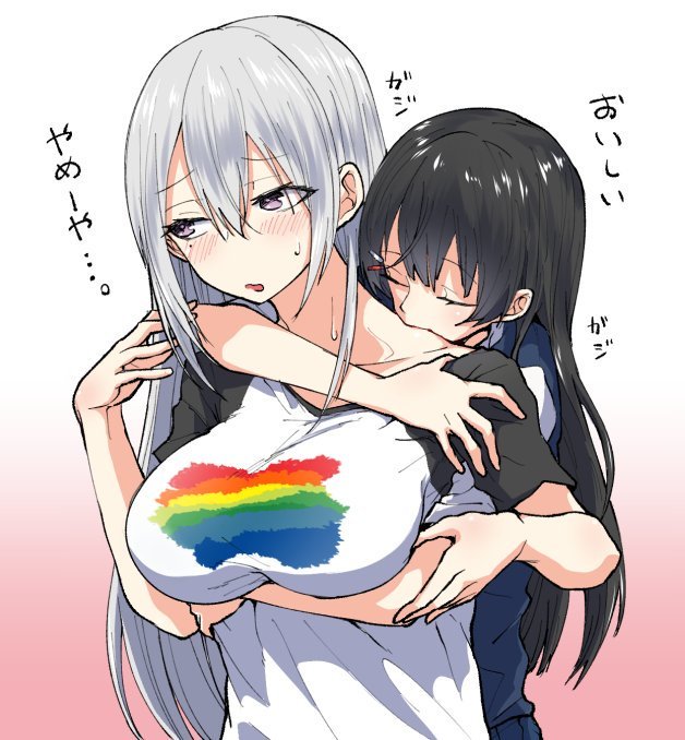 2girls arm_around_neck biting black_hair blush cardigan casual closed_eyes collared_shirt commentary eyebrows_visible_through_hair hair_between_eyes hair_down hair_ornament hairclip higuchi_kaede long_hair looking_to_the_side mole mole_under_eye multiple_girls neck_biting nijisanji purple_neckwear rikosyegou shirt silver_hair translated tsukino_mito upper_body very_long_hair violet_eyes virtual_youtuber yuri