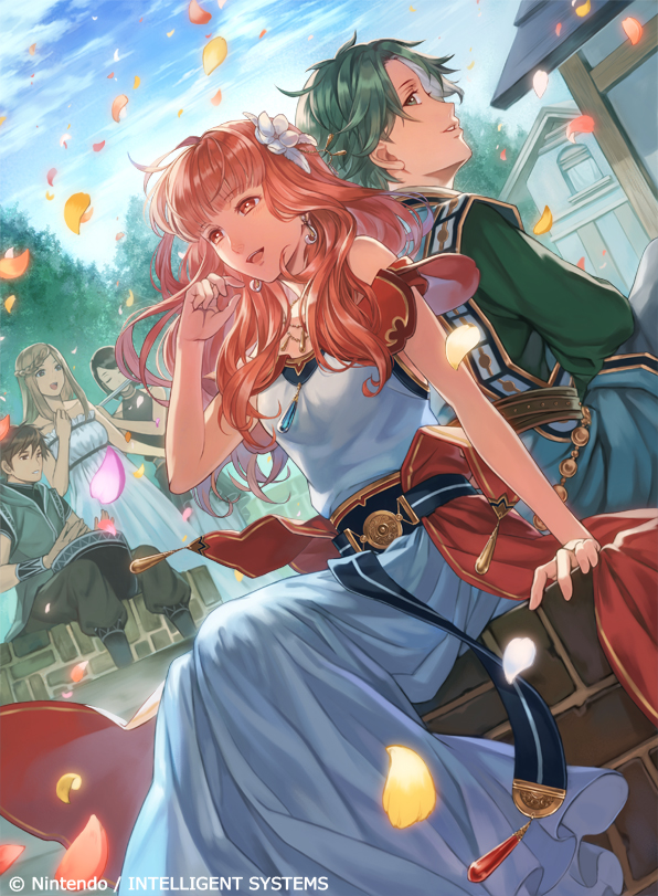 2boys 3girls alm_(fire_emblem) alternate_costume back-to-back blonde_hair braid brown_hair celica_(fire_emblem) clouds cloudy_sky day dress drum earrings eyebrows_visible_through_hair fire_emblem fire_emblem_cipher fire_emblem_echoes:_mou_hitori_no_eiyuuou flower flute green_eyes green_hair hair_flower hair_ornament hand_in_hair house instrument jewelry kato_ayaka long_hair multiple_boys multiple_girls necklace official_art open_mouth orange_hair outdoors pants parted_lips petals profile sash shirt short_hair sitting sky sleeveless tree vest watermark white_dress wind