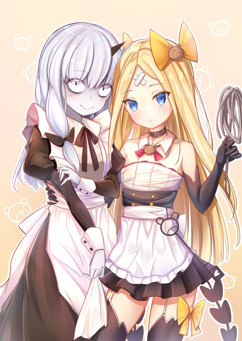 2girls abigail_williams_(fate/grand_order) alternate_costume apron bags_under_eyes bangs bare_shoulders bear_hair_ornament belt_collar black_bow black_dress black_gloves black_legwear black_skirt blonde_hair blush bow brown_background brown_collar closed_mouth collar commentary_request cowboy_shot crossed_bandaids detached_collar dress elbow_gloves enmaided eyebrows_visible_through_hair fate/grand_order fate_(series) frilled_apron frills garter_straps gloves hair_between_eyes hair_bow hair_ornament hand_on_another's_waist highres holding horn juliet_sleeves lavinia_whateley_(fate/grand_order) long_hair long_sleeves maid multiple_girls parted_bangs pleated_skirt puffy_sleeves silver_hair skirt smile thigh-highs very_long_hair violet_eyes waist_apron white_apron white_collar white_gloves wide-eyed wing_collar yellow_bow zhi_yu_(siro800102)