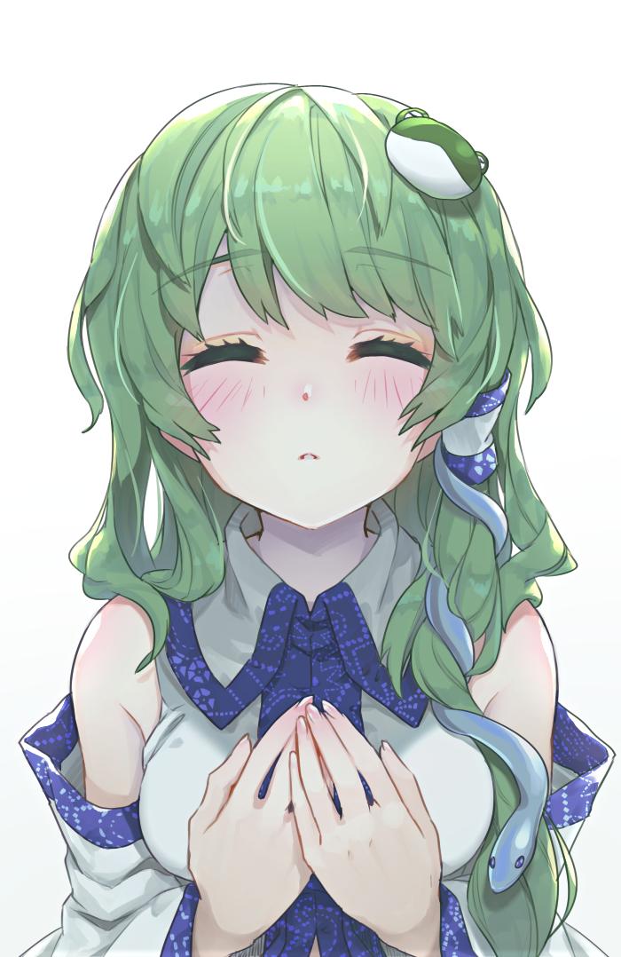 1girl ^_^ bangs bare_shoulders blush breasts closed_eyes commentary_request detached_sleeves eyebrows_visible_through_hair facing_viewer frog_hair_ornament gradient gradient_background green_hair grey_background hair_between_eyes hair_ornament hair_tubes hands_on_own_chest kiss_day kochiya_sanae long_hair long_sleeves medium_breasts parted_lips shirt single_sidelock snake_hair_ornament solo syuri22 touhou upper_body white_background white_shirt