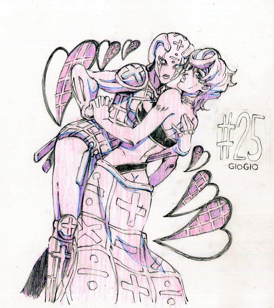 1girl choker colored_pencil_(medium) copyright_name heart hug ink_(medium) jojo_no_kimyou_na_bouken kojima_eri_(animator) looking_at_viewer looking_back short_hair skirt spice_girl_(stand) stand_(jojo) traditional_media trish_una vento_aureo white_background