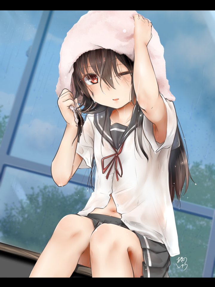 1girl akino_shuu arm_up bangs blue_sky brown_hair clouds collarbone commentary_request day drying drying_hair eyebrows_visible_through_hair grey_sailor_collar grey_skirt hair_between_eyes hand_up indoors iroha_kaede long_hair looking_at_viewer navel neck_ribbon one_eye_closed original parted_lips pleated_skirt red_eyes red_ribbon ribbon sailor_collar see-through shirt signature sitting skirt sky solo towel towel_on_head wet wet_clothes wet_hair wet_shirt white_shirt window