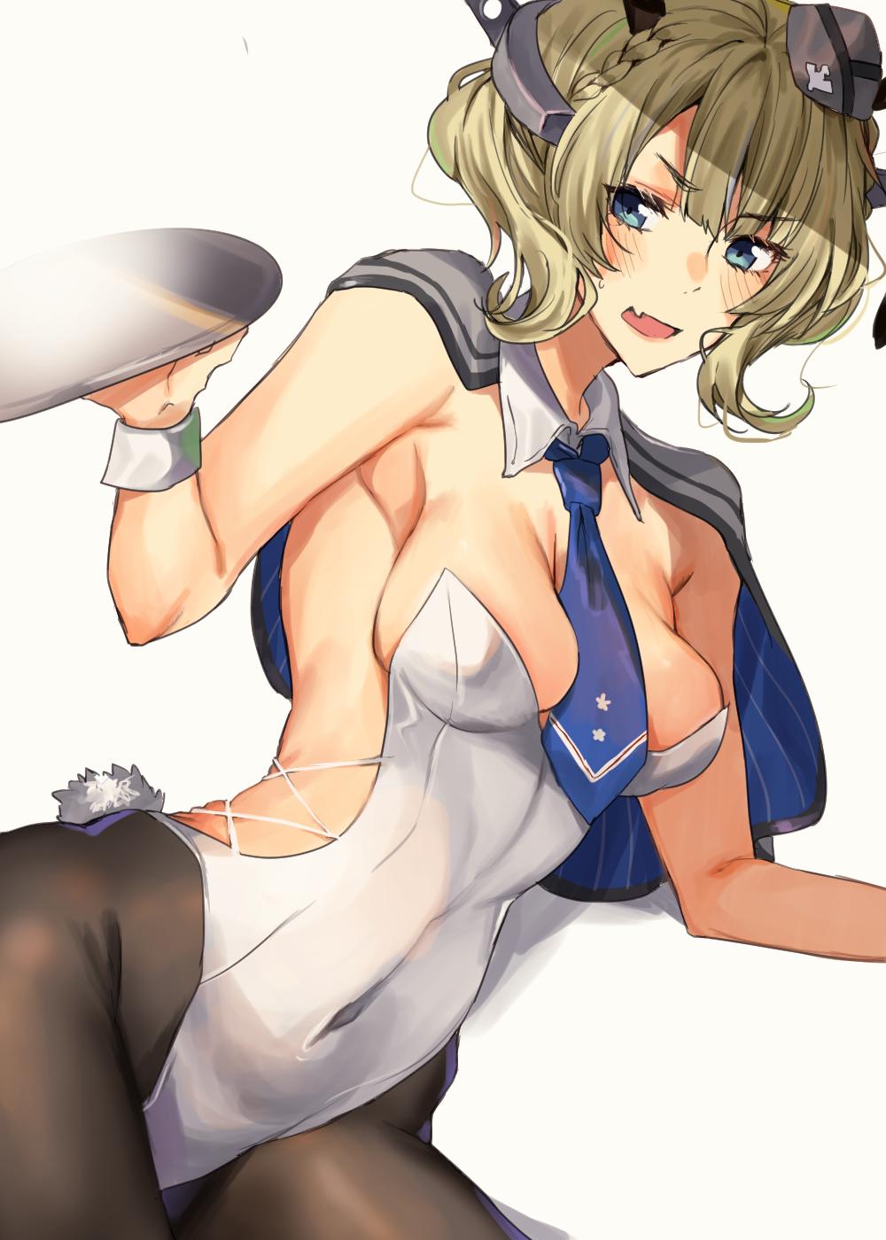 1girl alternate_costume amakaze animal_ears black_legwear blonde_hair blue_eyes blue_neckwear breasts bunny_tail bunnysuit capelet colorado_(kantai_collection) detached_collar fang garrison_cap hat headgear highres kantai_collection lying medium_breasts necktie on_side open_mouth pantyhose rabbit_ears short_hair side_braids simple_background skin_fang solo tail tray white_background wrist_cuffs