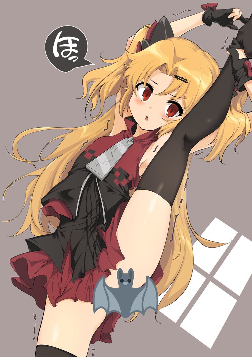 1girl :o akatsuki_yuni arms_up bangs bare_shoulders black_dress black_gloves black_legwear blonde_hair blush commentary_request dress emoji_censor eyebrows_visible_through_hair forehead gloves grey_background hair_ornament hairclip highres long_hair momio parted_bangs parted_lips partly_fingerless_gloves red_eyes red_shirt shirt sleeveless sleeveless_shirt solo split standing standing_on_one_leg standing_split thigh-highs trembling two_side_up uni_channel v-shaped_eyebrows very_long_hair virtual_youtuber