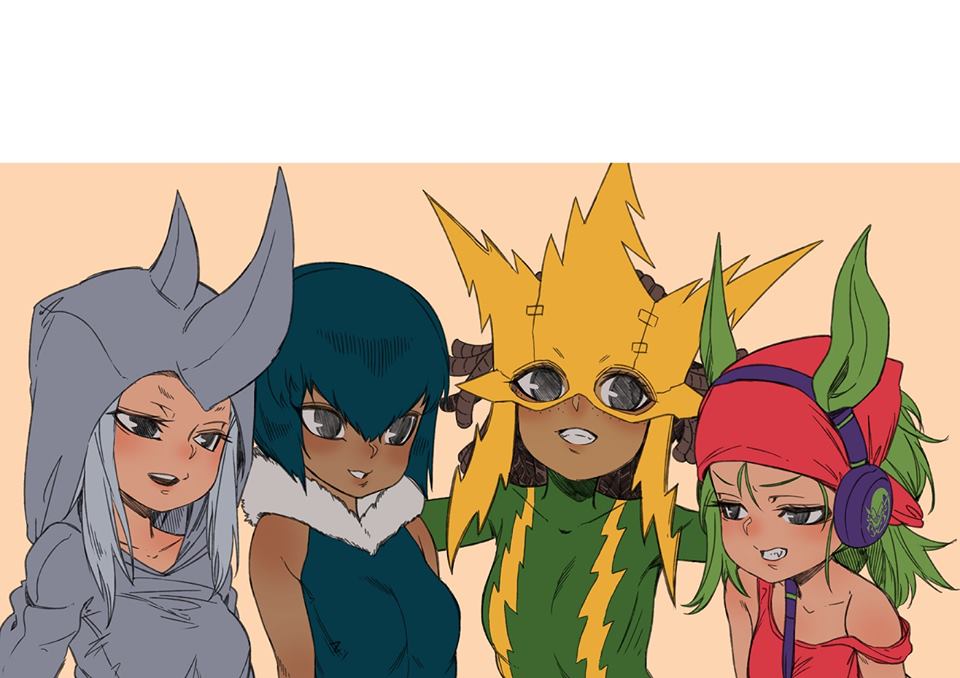 4girls animal_costume bandana black_eyes blacksaw blue_hair brown_hair clenched_teeth collarbone costume dark_skin electro_(spider-man) fang freckles fur_collar genderswap genderswap_(mtf) green_goblin green_hair grey_hair grin hair_between_eyes hairlocs headphones lightning_bolt long_hair looking_at_another looking_at_viewer looking_to_the_side marvel me_and_the_boys meme multiple_girls open_mouth pointy_ears red_bandana rhino_(marvel) short_hair skin_tight smile spider-man_(series) strap_slip tank_top teeth vulture_(marvel)