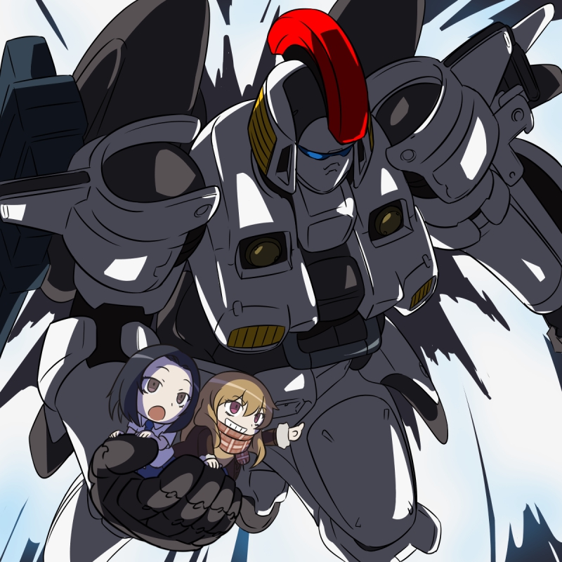 2girls black_hair blonde_hair brown_eyes carrying chibi coat coppelion grin gundam gundam_wing m_o_(prftz) mecha multiple_girls open_mouth ozu_kanon ozu_shion pointing scarf shirt short_sleeves smile tallgeese violet_eyes white_shirt