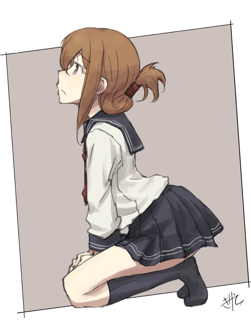 1girl anchor_symbol black_legwear black_sailor_collar black_skirt brown_eyes brown_hair commentary_request folded_ponytail full_body inazuma_(kantai_collection) kantai_collection kneehighs long_hair long_sleeves looking_up neckerchief pleated_skirt red_neckwear sailor_collar school_uniform seiza serafuku shirt sitting skirt solo suzumura_kirie two-tone_background white_background white_shirt