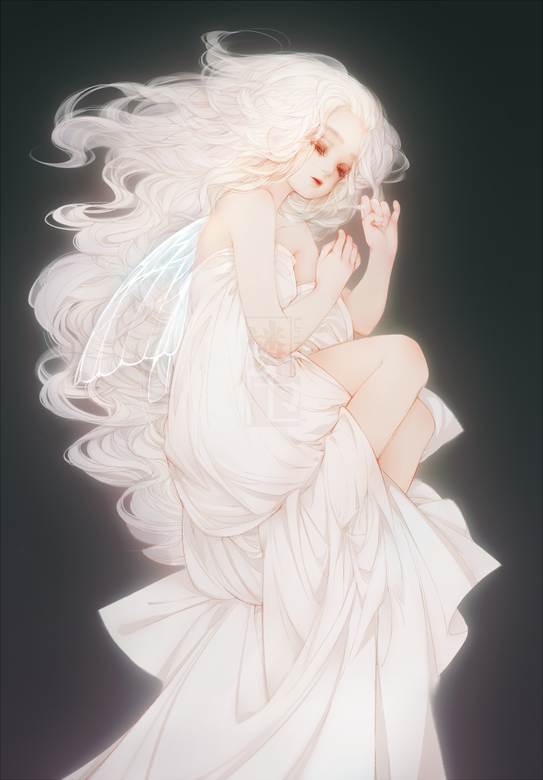 1girl bare_shoulders black_background closed_mouth dress grey_background half-closed_eyes keylin-lin- long_dress long_hair lying original see-through simple_background solo transparent_wings very_long_hair white_dress white_hair wings