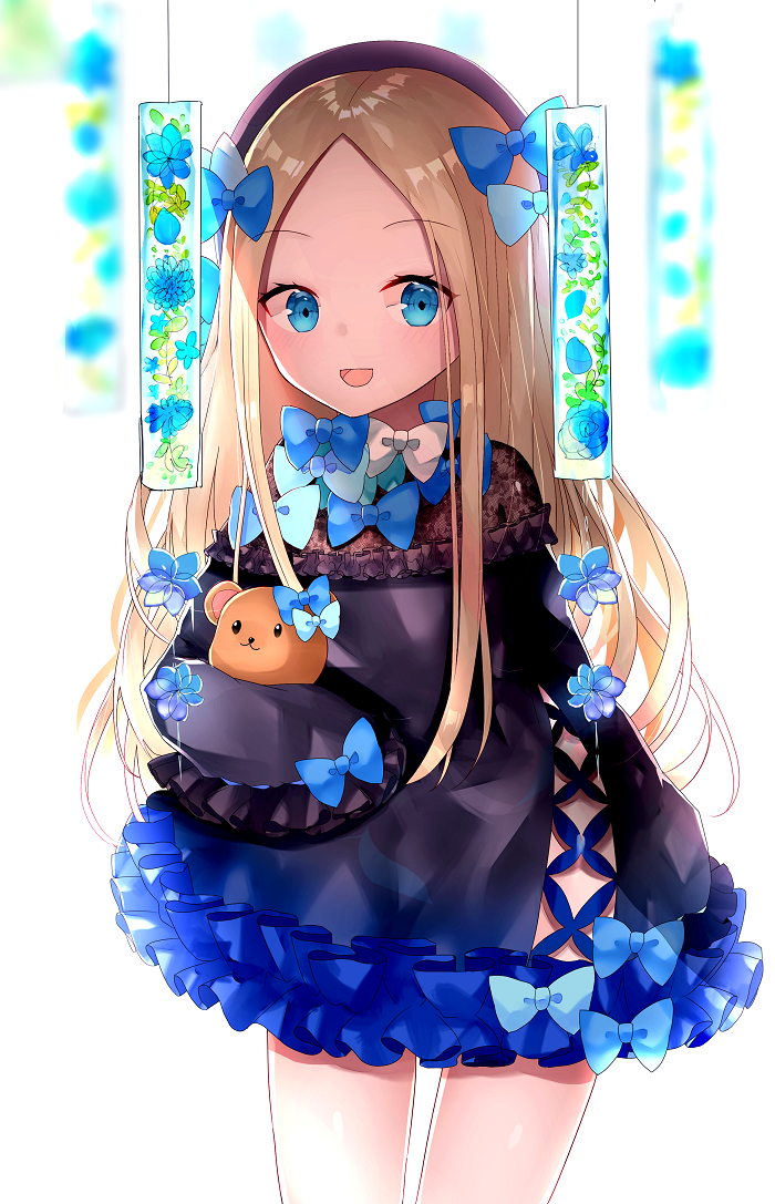 1girl :d abigail_williams_(fate/grand_order) alternate_costume bangs beret black_dress black_headwear blonde_hair blue_bow blue_eyes blue_flower blue_rose blurry blurry_background blush bow commentary_request depth_of_field dress eyebrows_visible_through_hair fate/grand_order fate_(series) flower forehead frilled_dress frills hair_bow hat long_hair long_sleeves looking_at_viewer object_hug open_mouth parted_bangs rose sakipsakip simple_background sleeves_past_fingers sleeves_past_wrists smile solo stuffed_animal stuffed_toy teddy_bear very_long_hair white_background white_bow